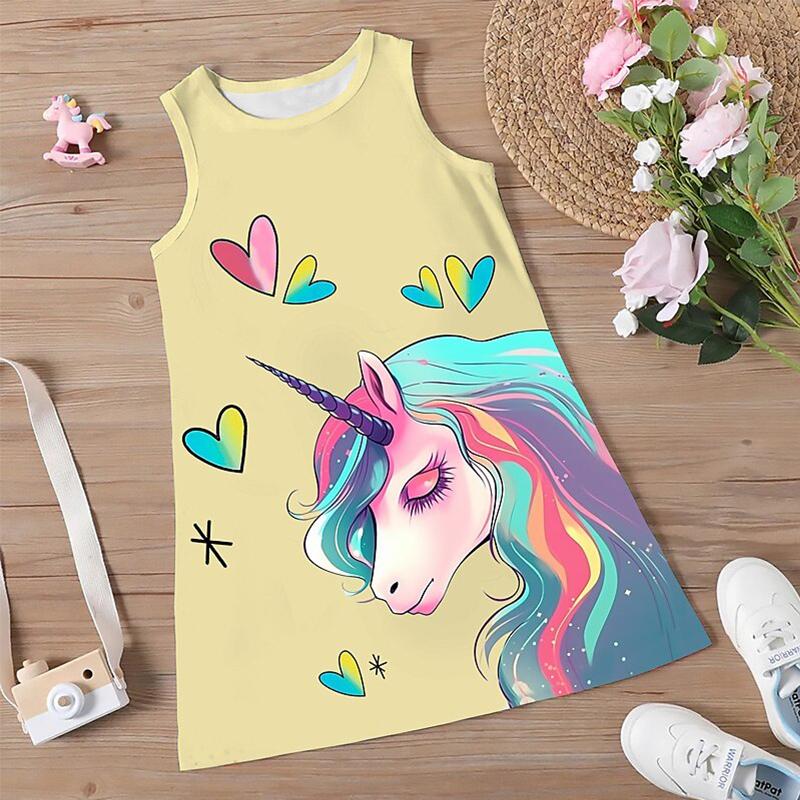 Girls' Dress Sleeveless 3D Pink Steed Print Summer Spring Daily Cute Casual Sweet Kids A Line Dress Tank Dress Sleeping Good Night Dress