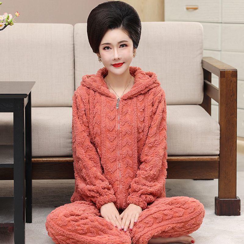 Autumn and Winter Coral Fleece Pajamas Ladies Zipper Hooded Plus Velvet Thick Warm Flannel Home Service