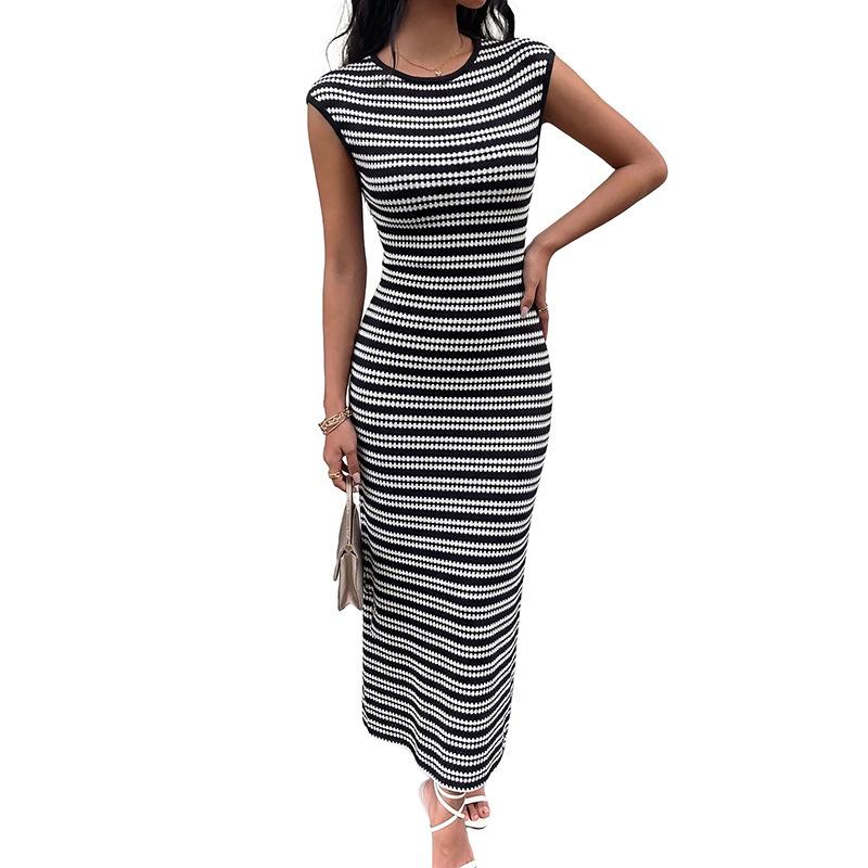 Women Crochet Knit Striped Maxi Dress Sleeveless Bodycon Long Dress Casual Chic Everyday Summer Dress