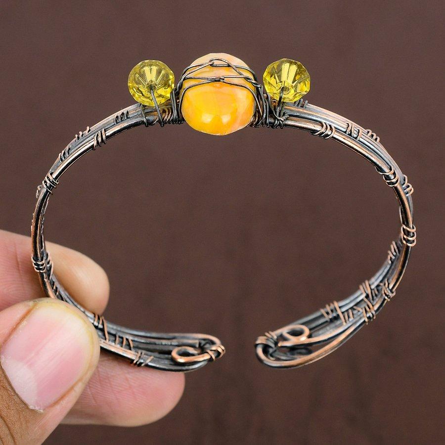 Natural Bumblebee Jasper Gemstone Copper Wire Wrap Cuff Bangle Adjustable K2s80