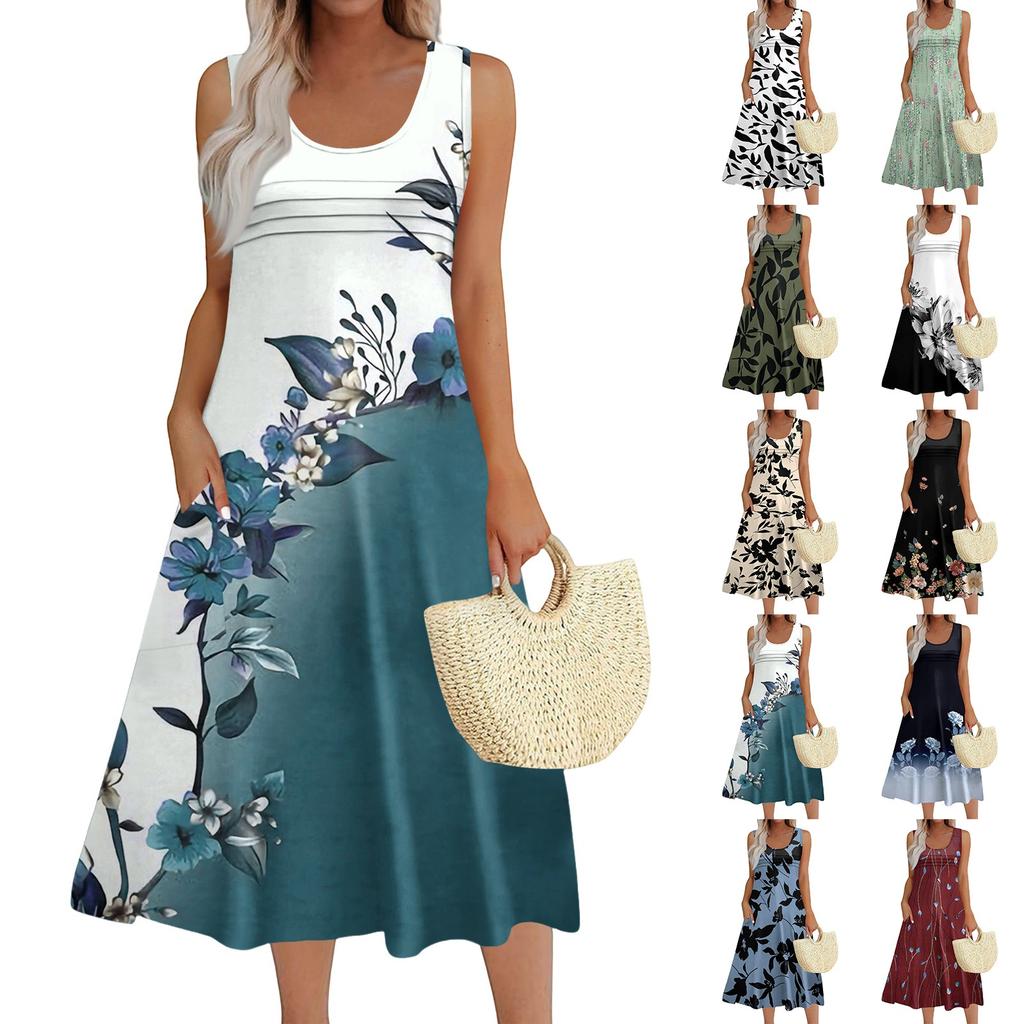 Women's Fashion Round Neck Sleeveless Pleated Beach Dress With Pockets Long Floral Dresses