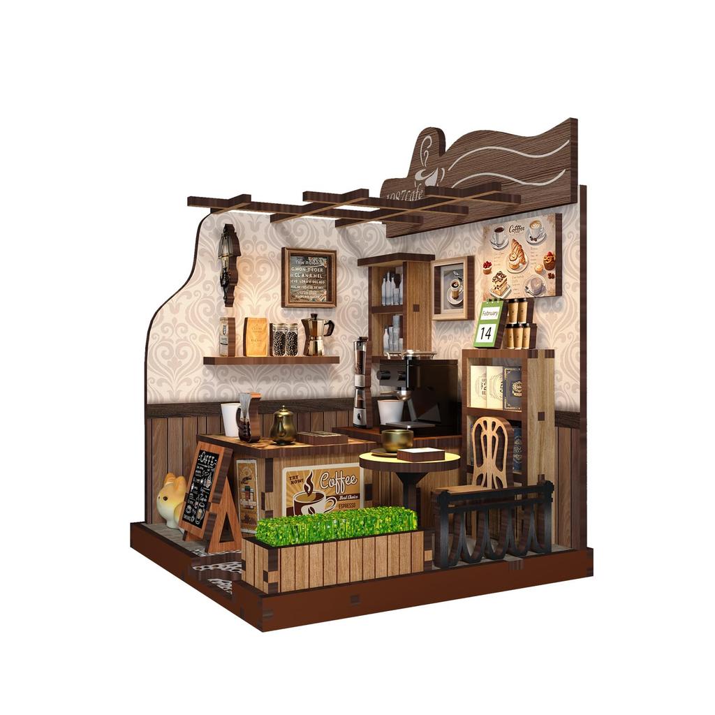 Minihaus Landcafé Miniaturhaus Bausatz mit Buchnische und LED Puppenhauslicht, für Anfänger
