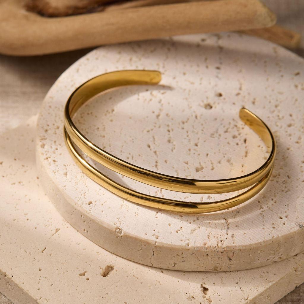 European & American Double Layer Geometric Stainless Steel Women's Open Bangle
