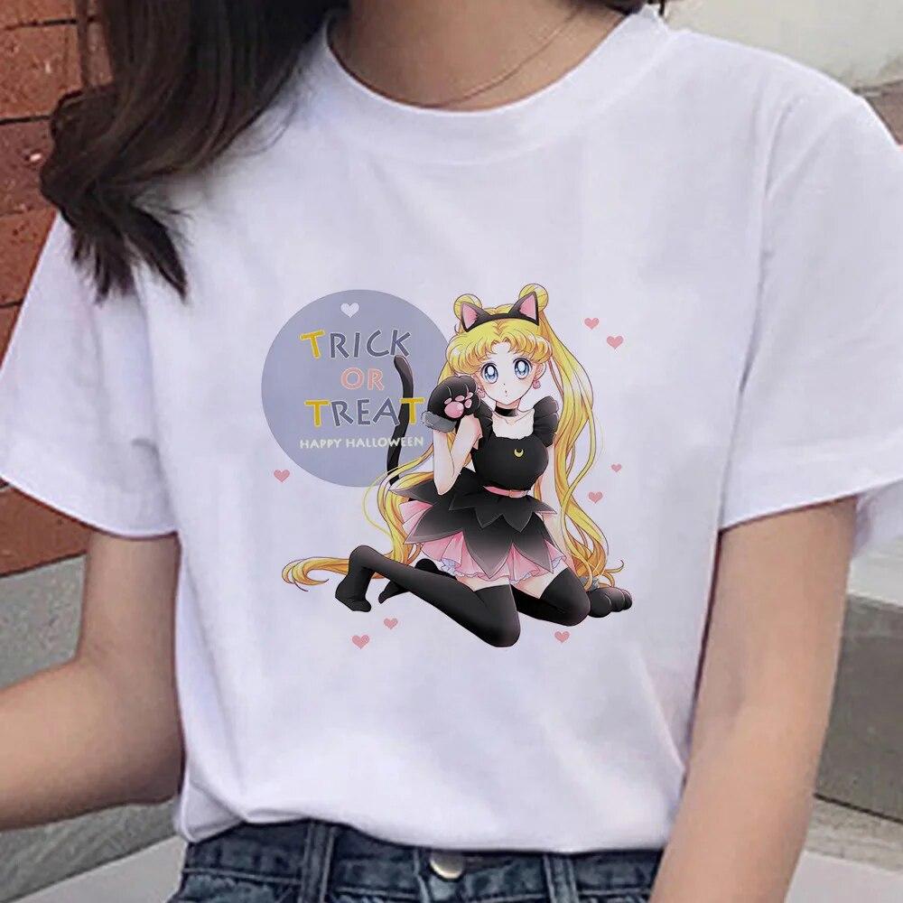 Cartoon Anime Sailor Graphic Moon Print 100 % Baumwolle T-Shirt Mode Goth Girl Kleidung Kurzarm Übergroßes Unisex Frauen T-Shirt Unisex