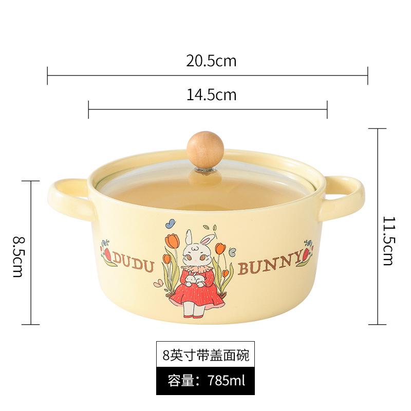 Wind Cute Bear With Cover Instant Noodle Bowl Student Dormitory Soup Bowl Household Binaural Ceramic Noodle Bowl Cute Fun