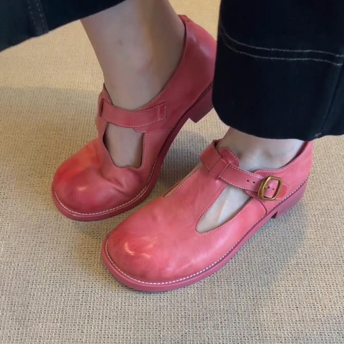 

Cowhide version~ retro pink small leather shoes with round head polishing Mary Jane single shoes women s thick heel T-buckle strap 35