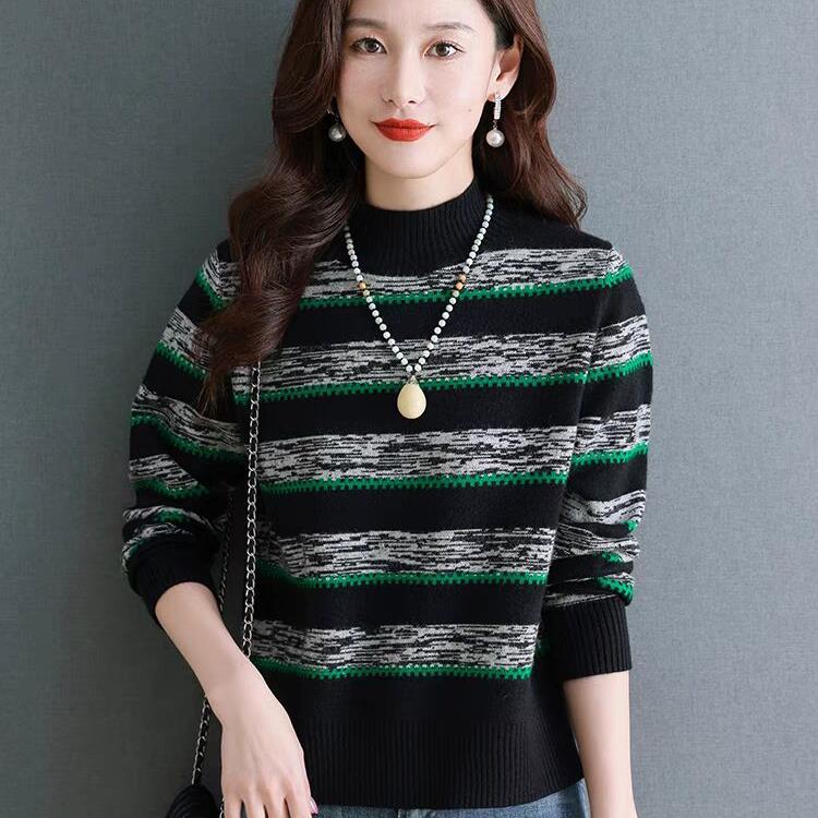 

Полосатый свитер с полувысоким воротником для женщин на осень и зиму, базовая рубашка, новый стиль, модный вязаный свитер 2XL