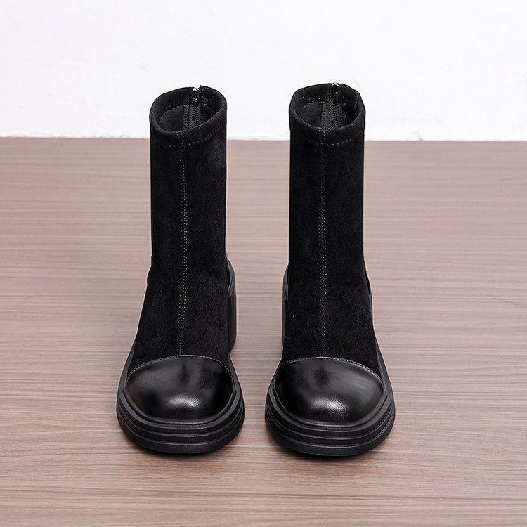 

Французские Ретро Лоскутные Узкие Замшевые Ботильоны - Женские 2025 Осень/Зима Круглый Носок Массивный Каблук Стиль Мартин Size 39, Heel approx. 7.5cm