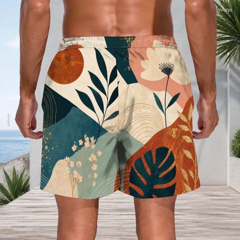 Men Plus Size Abstract Boho Plant Geometric Print Beach Shorts Quick Dry Lightweight Drawstring Casual Swim Trunks For Summer Beach Surfing Holiday