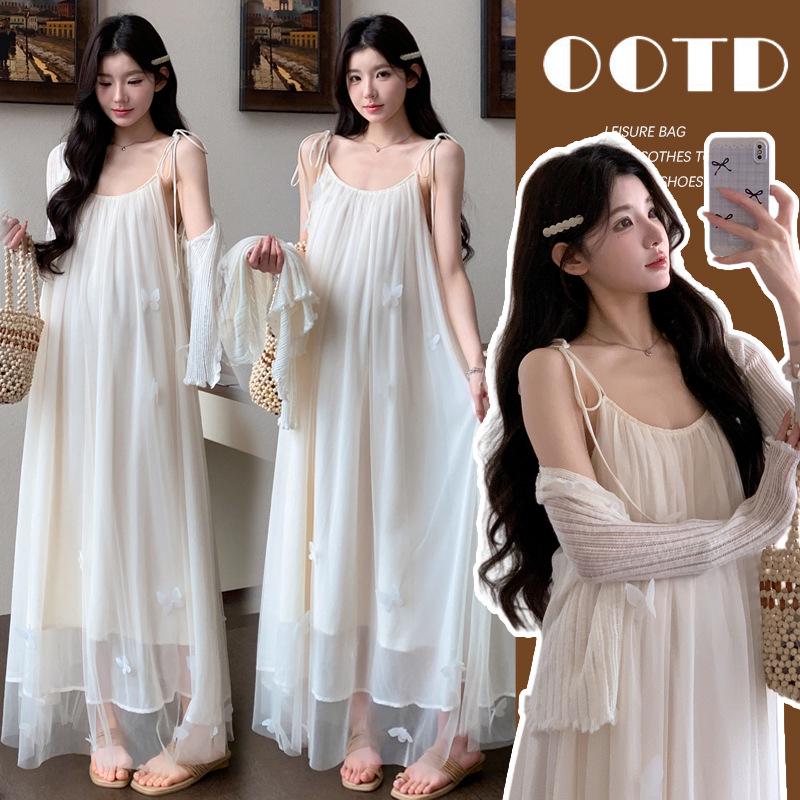 Korean-Style Maternity Butterfly Camisole Dress & Sun Protection Cardigan Set L