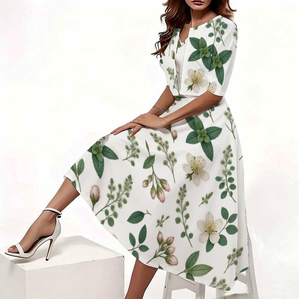 Women Plus Size Floral Printed Two Piece Set V Neck Sleeveless Midi Dress Short Sleeve Cropped Shrug