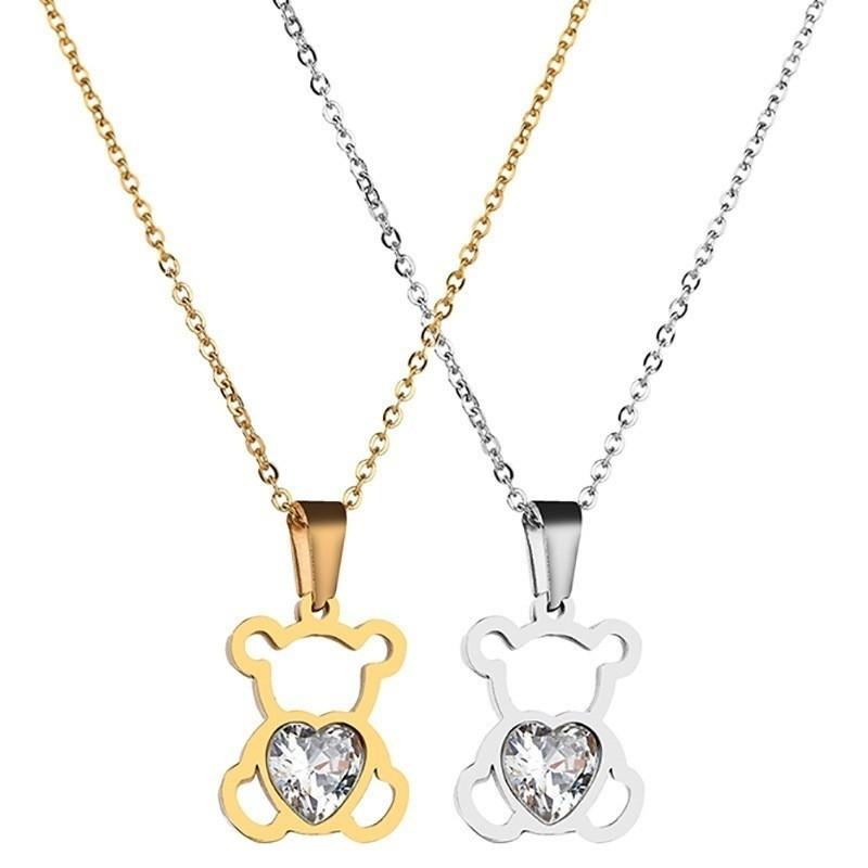 1 Cute and Simple Hollowed Out Zircon Bear Necklace, Stainless Steel Pendant - Valentine's Day Gift for Men and Women