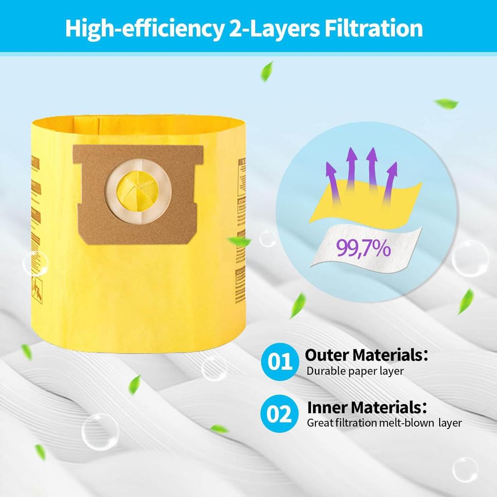 6 Packs Type D High Efficiency Filter Bags for 4 Gallon Wet/Dry Vacuums, Part #91964