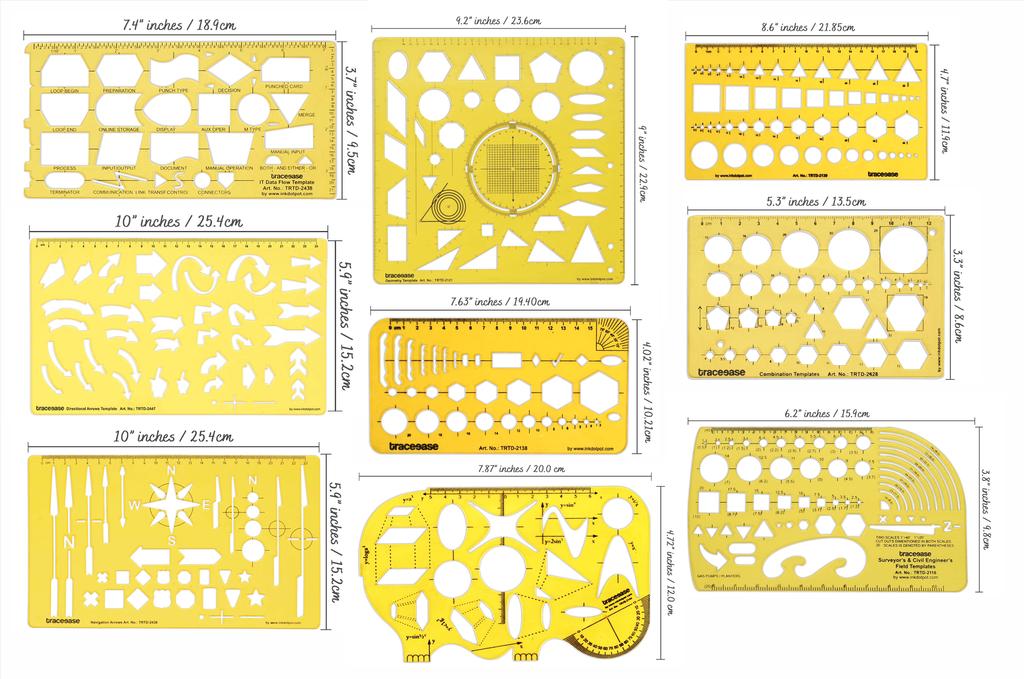 Traceease Pack of 9 Pieces, Multi-Shapes Geometry & Arrow Designing Templates- Chart Drafting