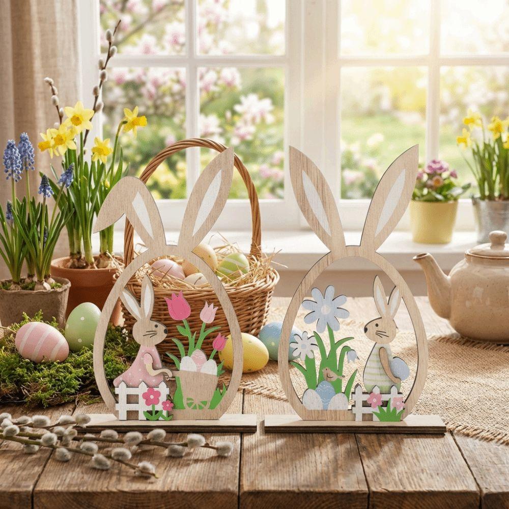 2Pcs Farmhouse Rustic Easter Bunny Ornament Hand-Painted Easter Table Decor  Table Mantel