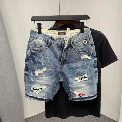Herren Frühling und Sommer Modelle Kurz Übergröße Dünner Abschnitt Fünf Denim Gerade Loch Hose