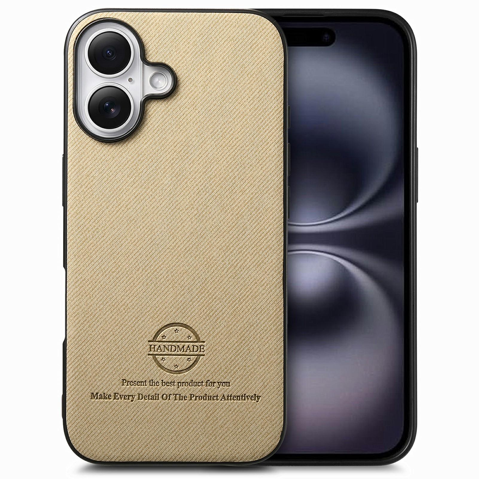 

For iPhone 16 Plus Case Cloth Texture Leather+PC+TPU Anti-Drop Phone Cover Khaki