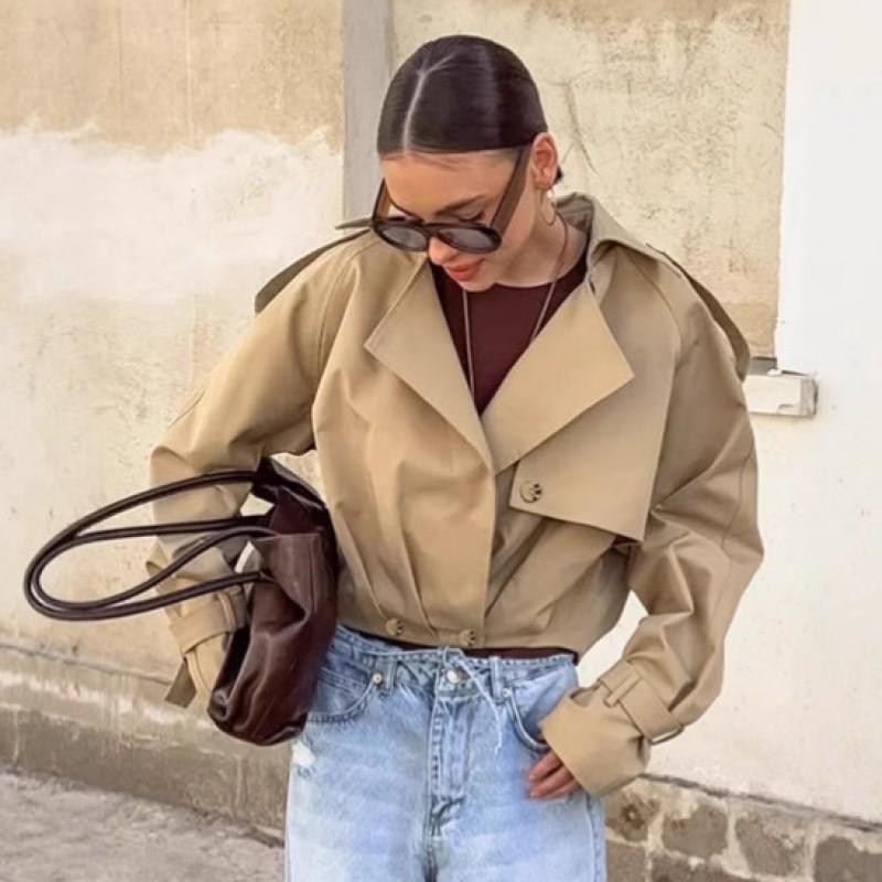 Womens Casual Workwear Style Blazer Jacket Loose Short Suit Collar Double Breasted Solid Color