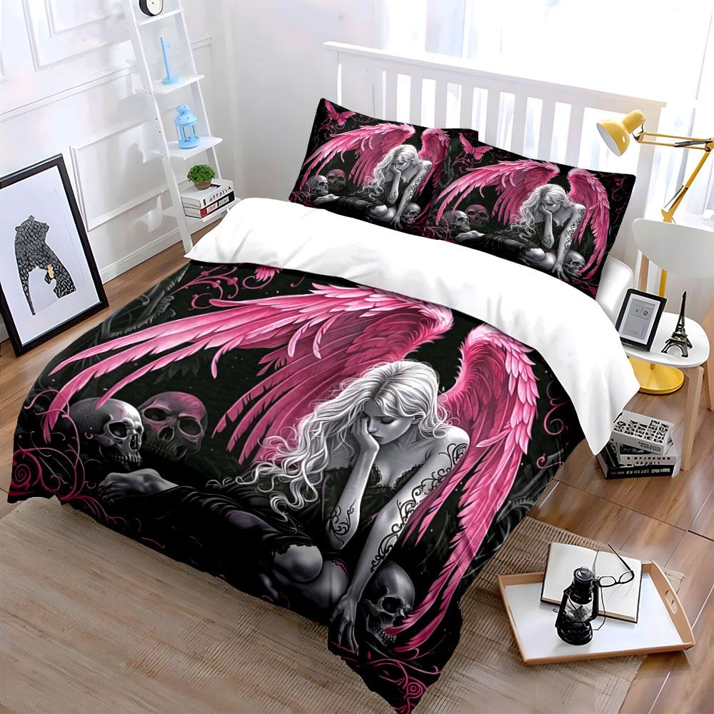 Gothic Pink Angel & Skulls Bedding Set 3pcs, Dark Fantasy Art Duvet Cover,Aesthetic Bed Linen for Teen Girls Bedroom,Home Decor
