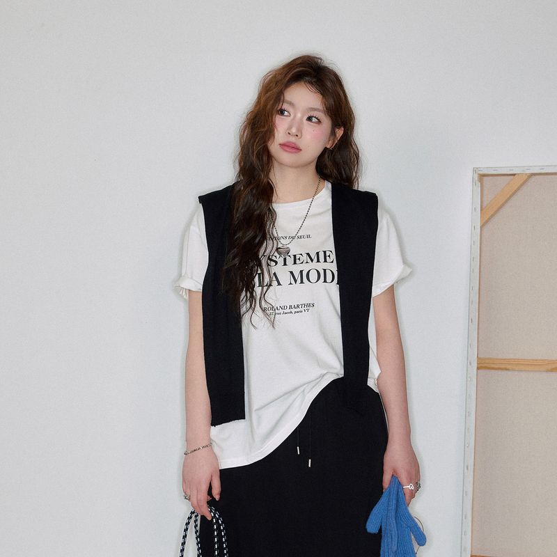Zhang Ren Summer plus Size Women s Clothes Fat Sister mm Slimming Suit Korean Retro Style Short Sleeve T-shirt A- line Skirt