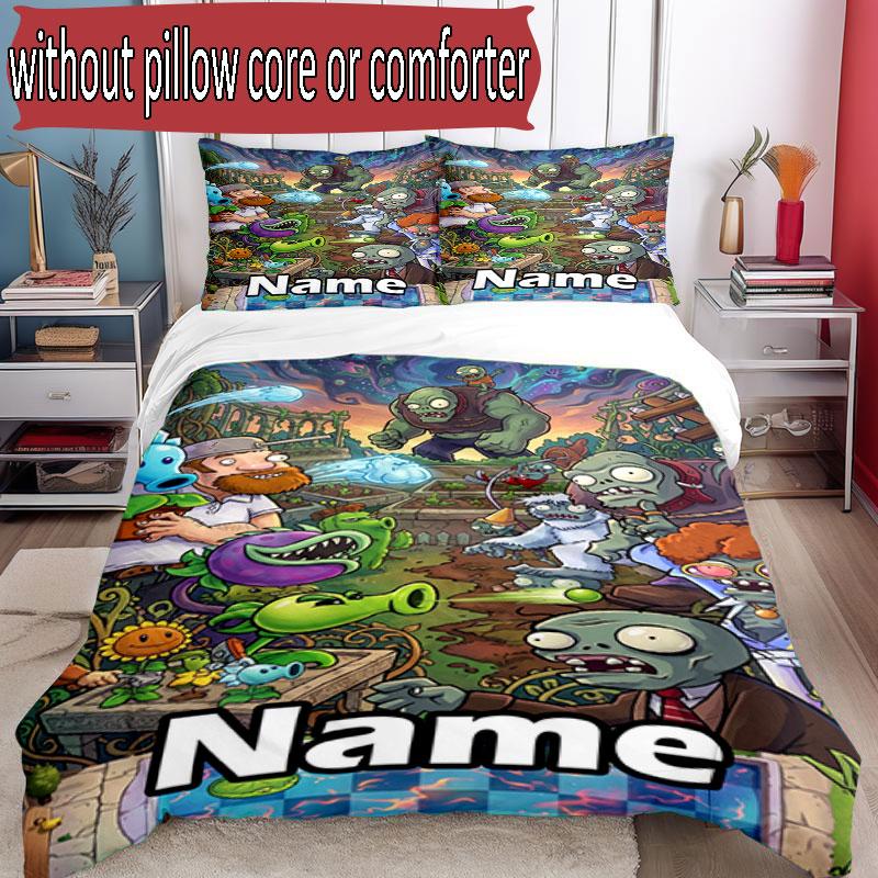 3pcs Duvet Cover Set (1*Duvet Cover + 2*Pillowcase, Without Core), Custom Name Plants Vs. Zombies Pattern Bedding Set, Home Bedroom Decor Gift