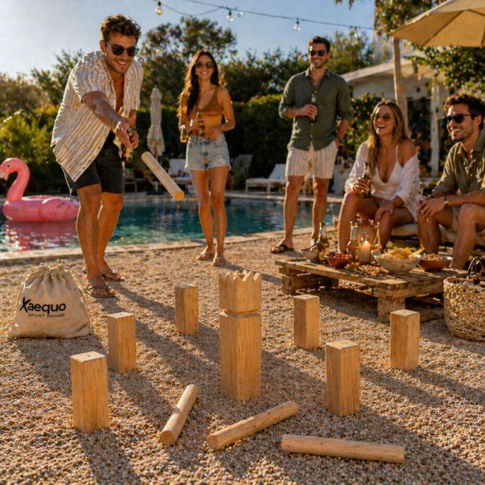 Kubb Game - FERRY JOUETS - 21 Pieces - Natural Wood - Storage Net - 2-12 Players