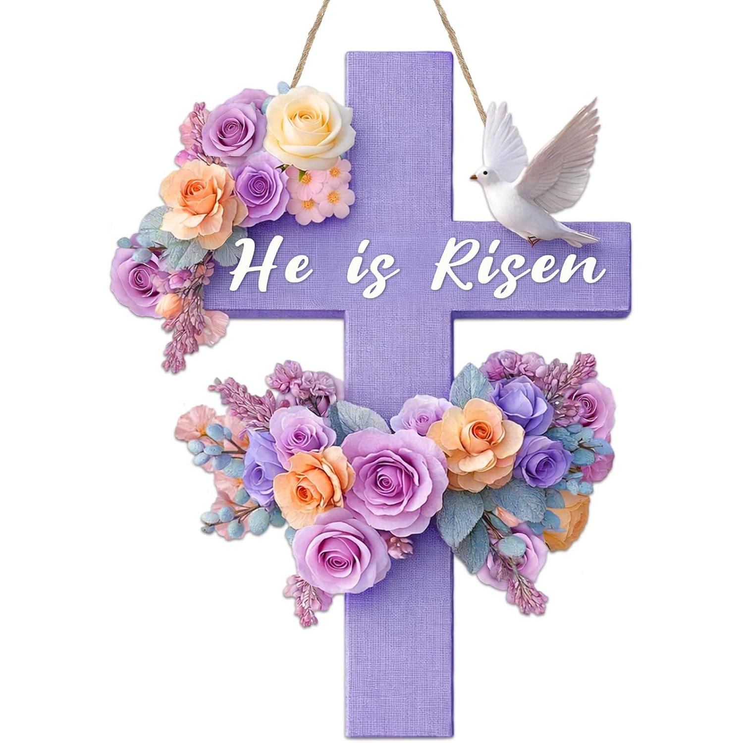 

Easter He is Risen Wooden Cross Wall Decor Rustic Wood Cross with Rope for Hanging, Handmade Easter Home Decor, Christian Gift фіолетовий