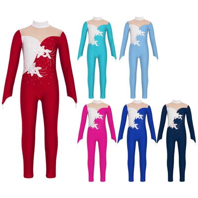 Kids Girls Sparkly Sequined Applique Rhinestone Unitard Long Sleeve Jumpsuit for Figure Skating Acrobatics Gymnastics