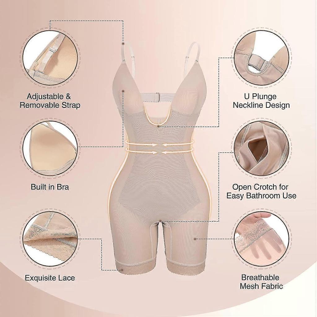 Backless Shapewear for Women Tummy Control Seamless Bodysuit Mesh Built-in Bra Faja Body Shaper with U Plunge S-3XL