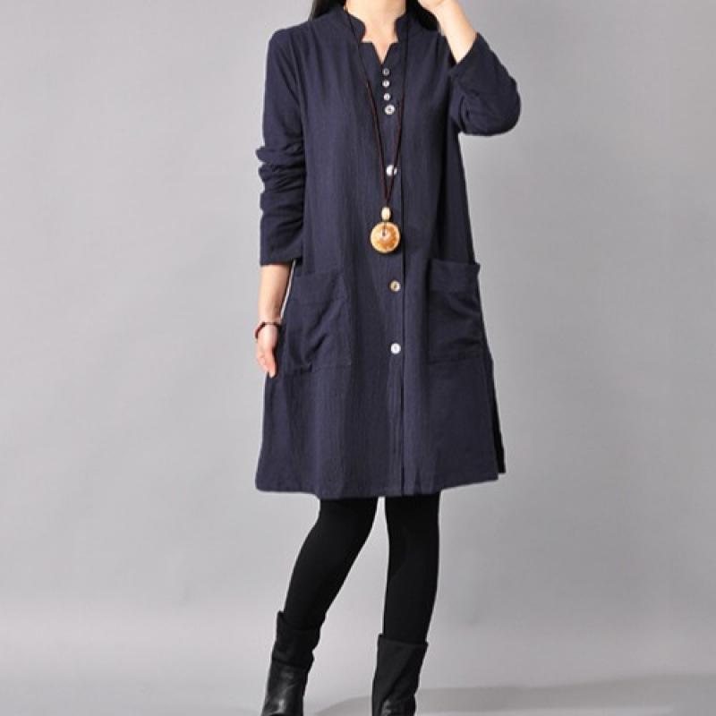 2025 Spring Korean Plus Size Women's Cotton Linen Shirt Dress with Half-Open Collar and Long Sleeves