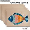 4/6pcs Set, Colorful Fish Pattern Linen Placemats, 2D Flat Design, Suitable for Indoor/outdoor Party Dining Decor, Kitchen Table Decoration, Holiday D