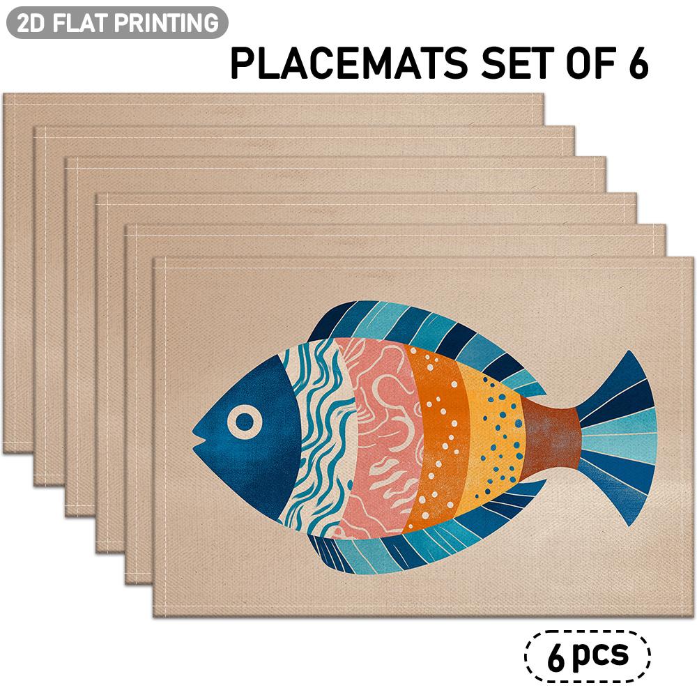 4/6pcs Set, Colorful Fish Pattern Linen Placemats, 2D Flat Design, Suitable for Indoor/outdoor Party Dining Decor, Kitchen Table Decoration, Holiday D