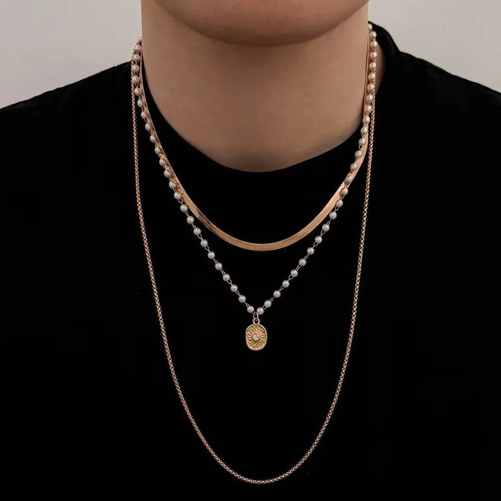 SHIXIN Exquisite 3Pcs/set Trend Imitation Pearl Coin Pendant Choker Necklace Men Punk Adjustable Gold Color Chain Grunge Jewelry