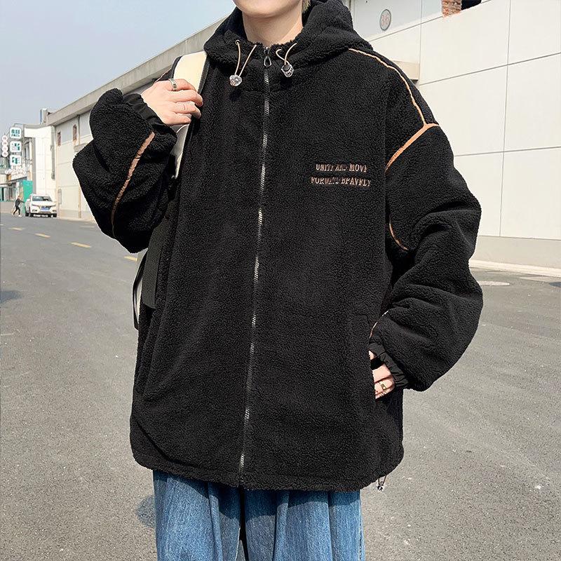 Men's Lambswool Hooded Coat, Autumn/Winter Embroidered Thick Cotton Jacket, Trendy Couple Style.