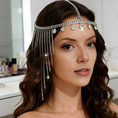 Hair Chain Adjustable Size Women Indian Headwear Multi-Layered Rhinestone Tiara with Golden Tassels Sparkling Rhinestones Headpiece