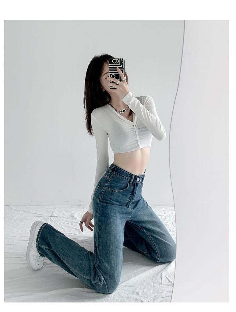 Damen Jeans mit hohem Bund, geradem Bein und weiter Passform, Frühling/Herbst 2022 - Schlankmachend, Vielseitig, Guter Fall, Bodenlang.