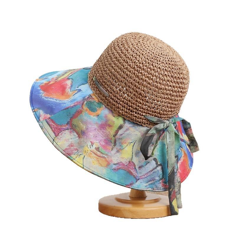 Bohemian splicing sun protection straw hat women's big brim breathable sun hat foldable sun hat seaside beach hat