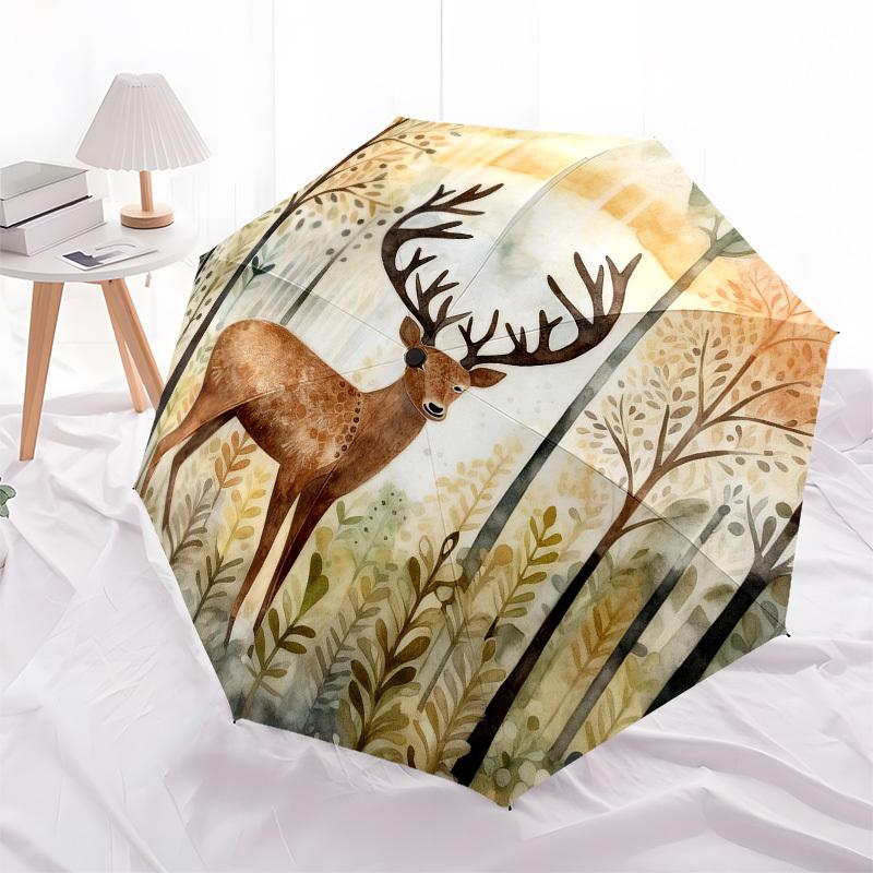 1pc Deer Forest Automatic Folding Umbrella, Heavy Duty 8 Rib Iron Frame,  Suitable for Travel, Daily Use, Birthday, Decor Gift  15