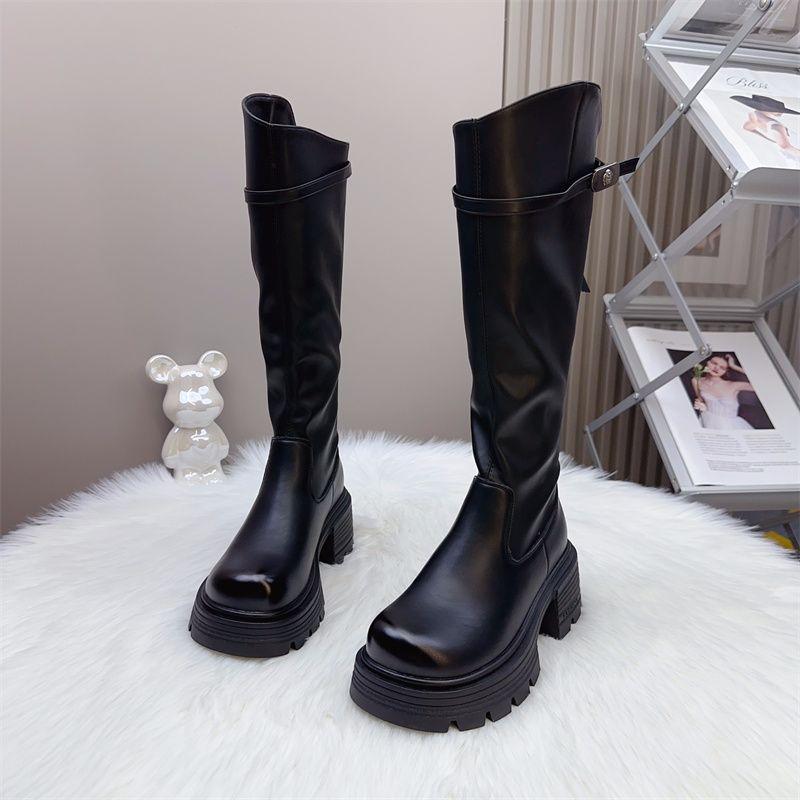 Fat sister fattened and widened thick-soled high boots female British wind side zipper velvet knight boots female elastic boots winter
