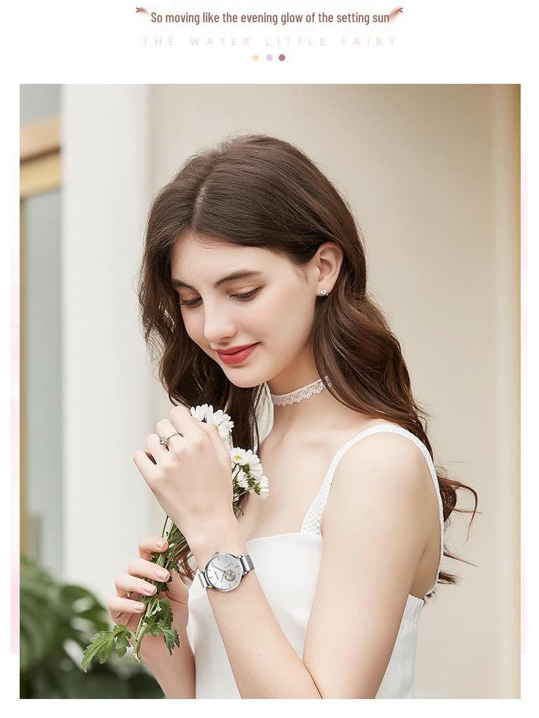 Solon Petite Ladies' Skeletonized Automatic Mesh Band Watch - Korean Style 