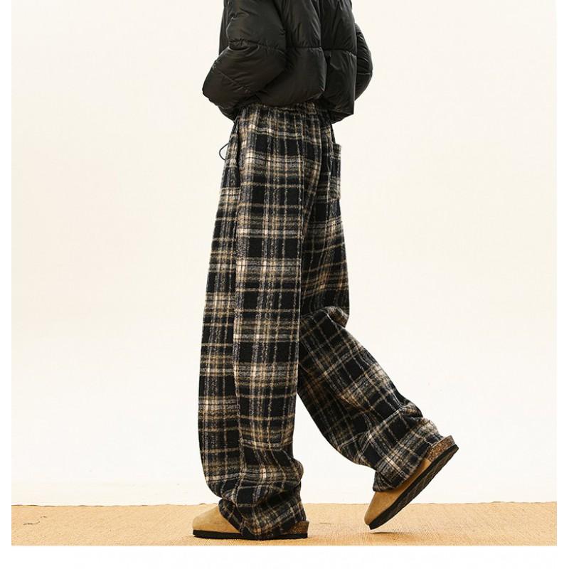 Men Women Winter Warm Fleece Lined Plaid Casual Pants Elastic Waist Drawstring Straight Leg Wide Trousers