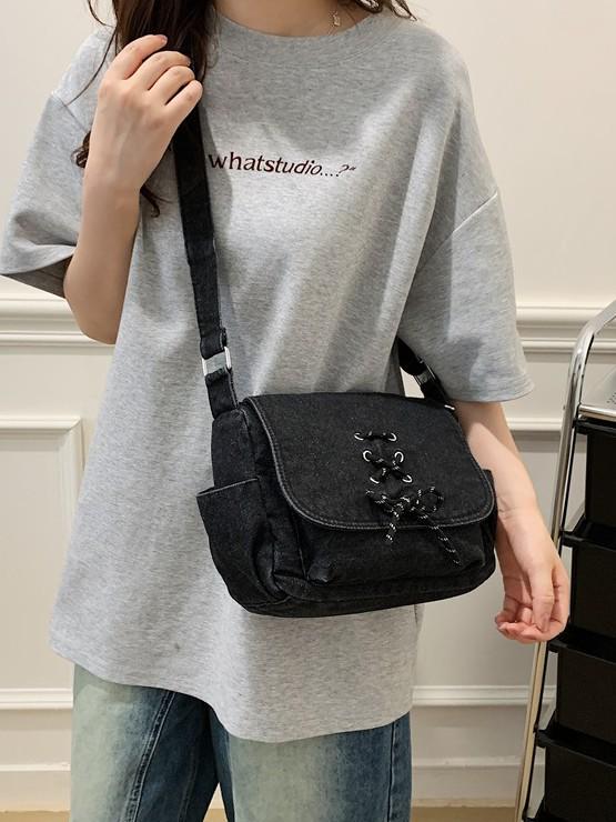 Korean Style Denim One-Shoulder Bag with Drawstring, Large Capacity Crossbody for School and Travel