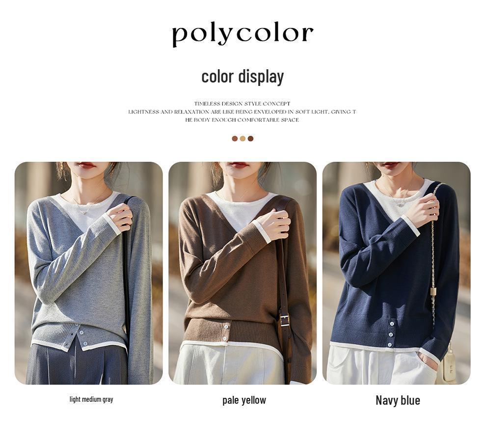 Color-Block V-Neck Knit Top for Women - Stylish Two-Piece Design for Spring and Autumn
