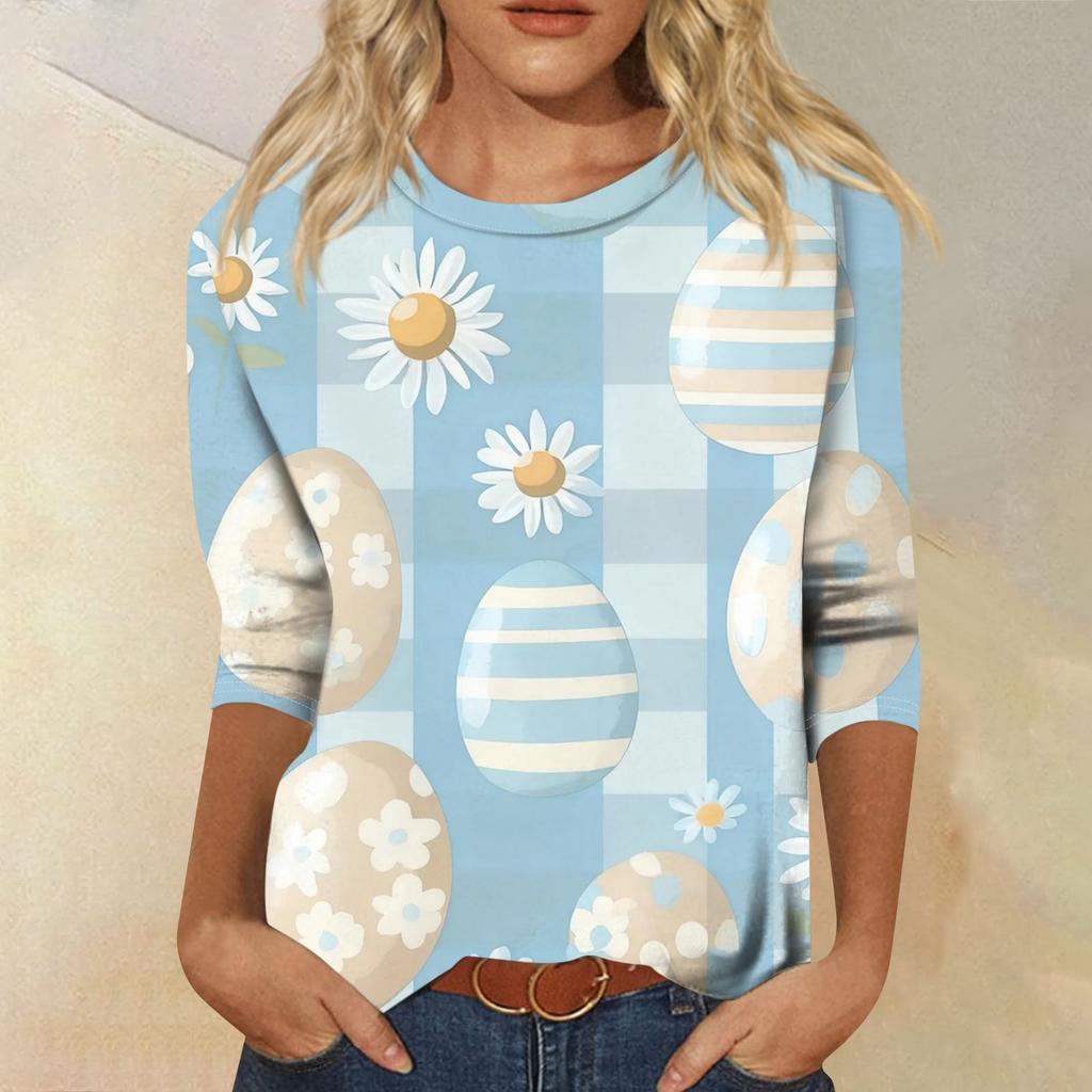 Women's Fashion Casual Sleeve Easter Elements Print Round Neck Top