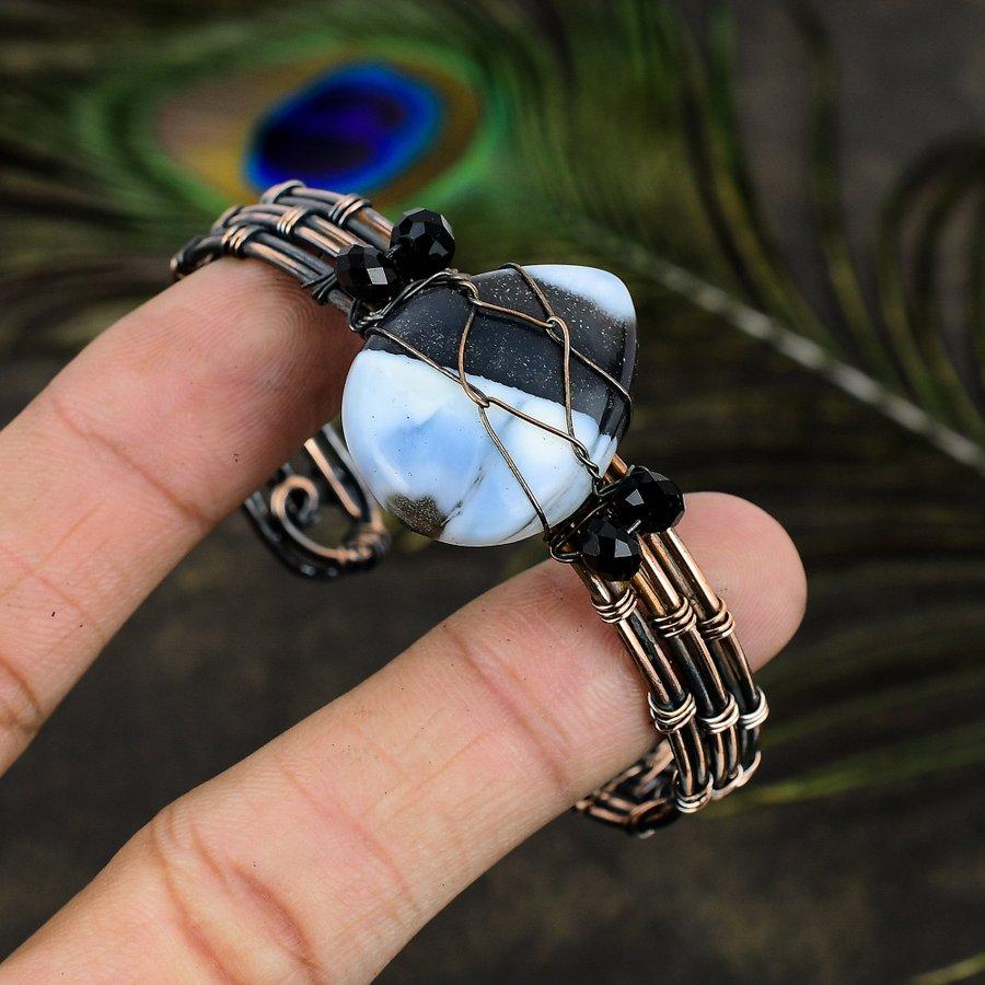 Natural Owyhee Opal Gemstone Handmade Copper Wire Wrap Cuff Bangle Adj. o4C27