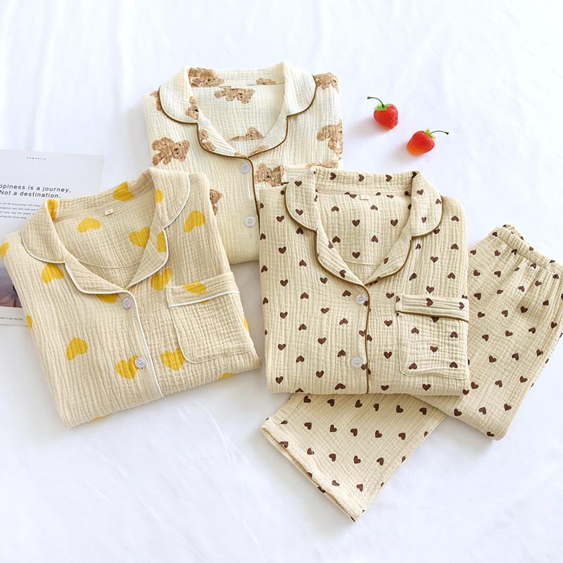 Women's 100% Cotton Gauze Pajama Set - Spring/Autumn Lapel Cardigan with Long Sleeve Top and Pants