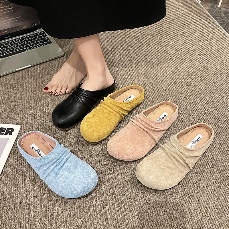 

Thick-soled women s spring new outer wear retro round head versatile bag head half slippers 35
