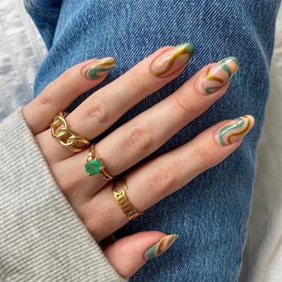 24Pcs/Set Quick Nails Brown Green Waves False Nials Sticker Wearable Waterproof Manicure Finished Nails