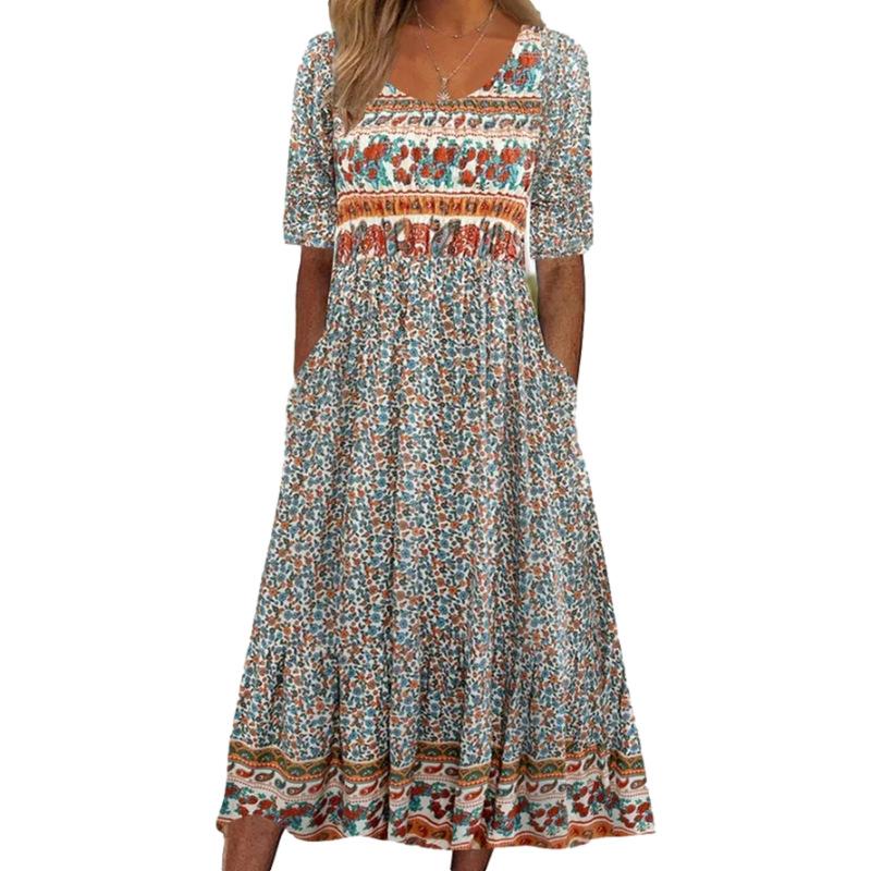 Summer Bohemian Printed Plus Size Women's Dress Fashion Round Neck Short Sleeve Casual Long Dresses Women Elegant A Line Vacation Beach Dress 26653