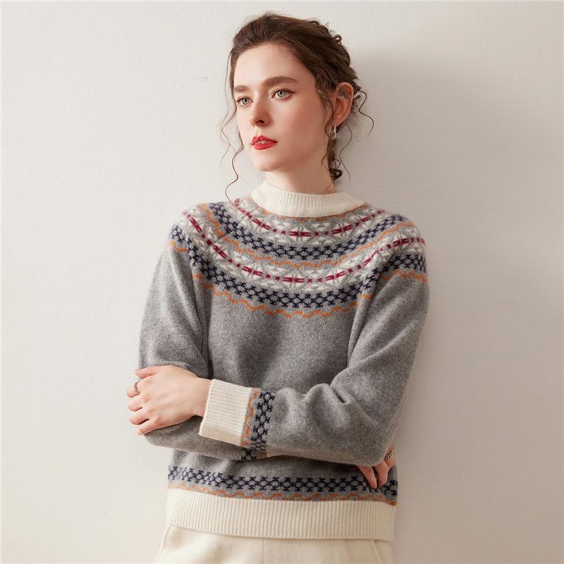 Women's Retro Fair Isle Jacquard Half-High Collar Cashmere Sweater – Loose Knit, Long Sleeve